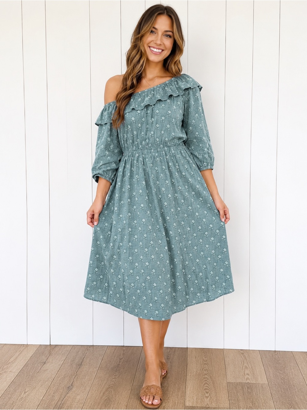 Destination 365 Floral Off-The-Shoulder Midi Dress with Smocked Waist - Size XS